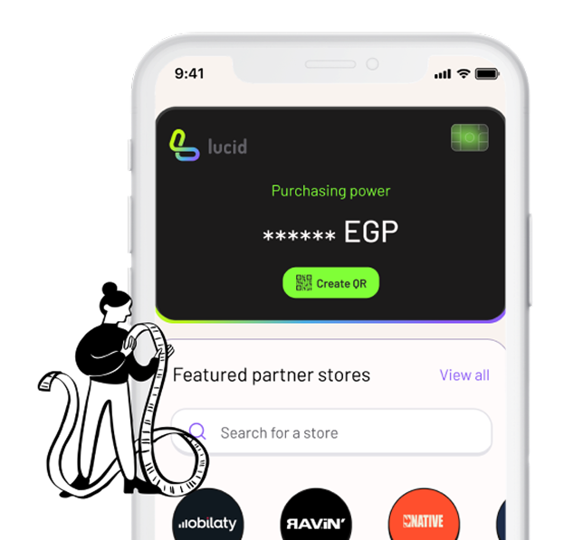 Mobile phone with Lucid App screen illustration showing purchasing power